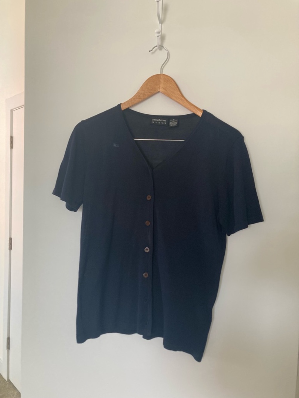 Vintage 100% Silk Liz Claiborne Navy Short-Sleeve Button-Front Top